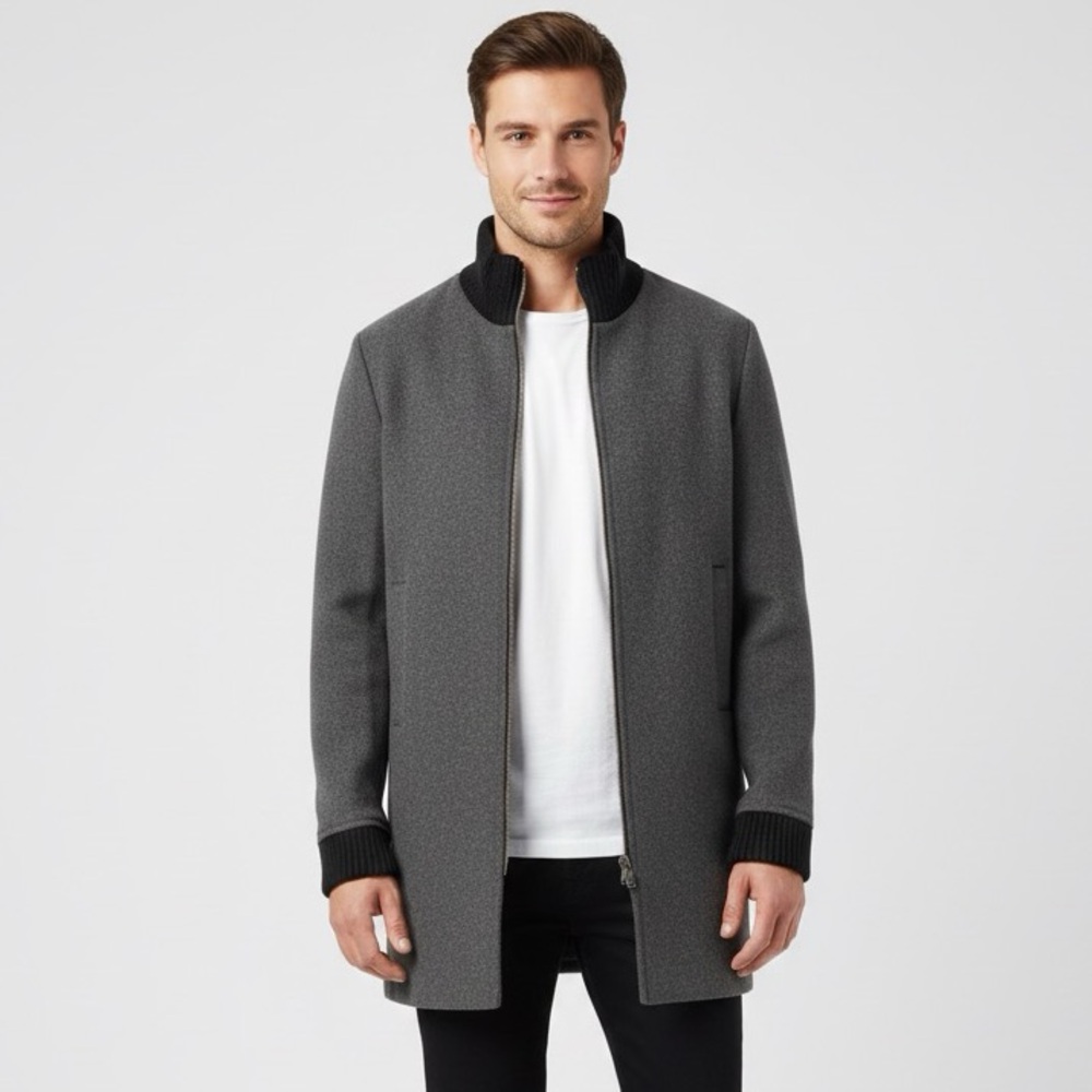 OAK + FORT Dark Grey Wool Blend Ribbed Trim Zip Up Coat Size XS
